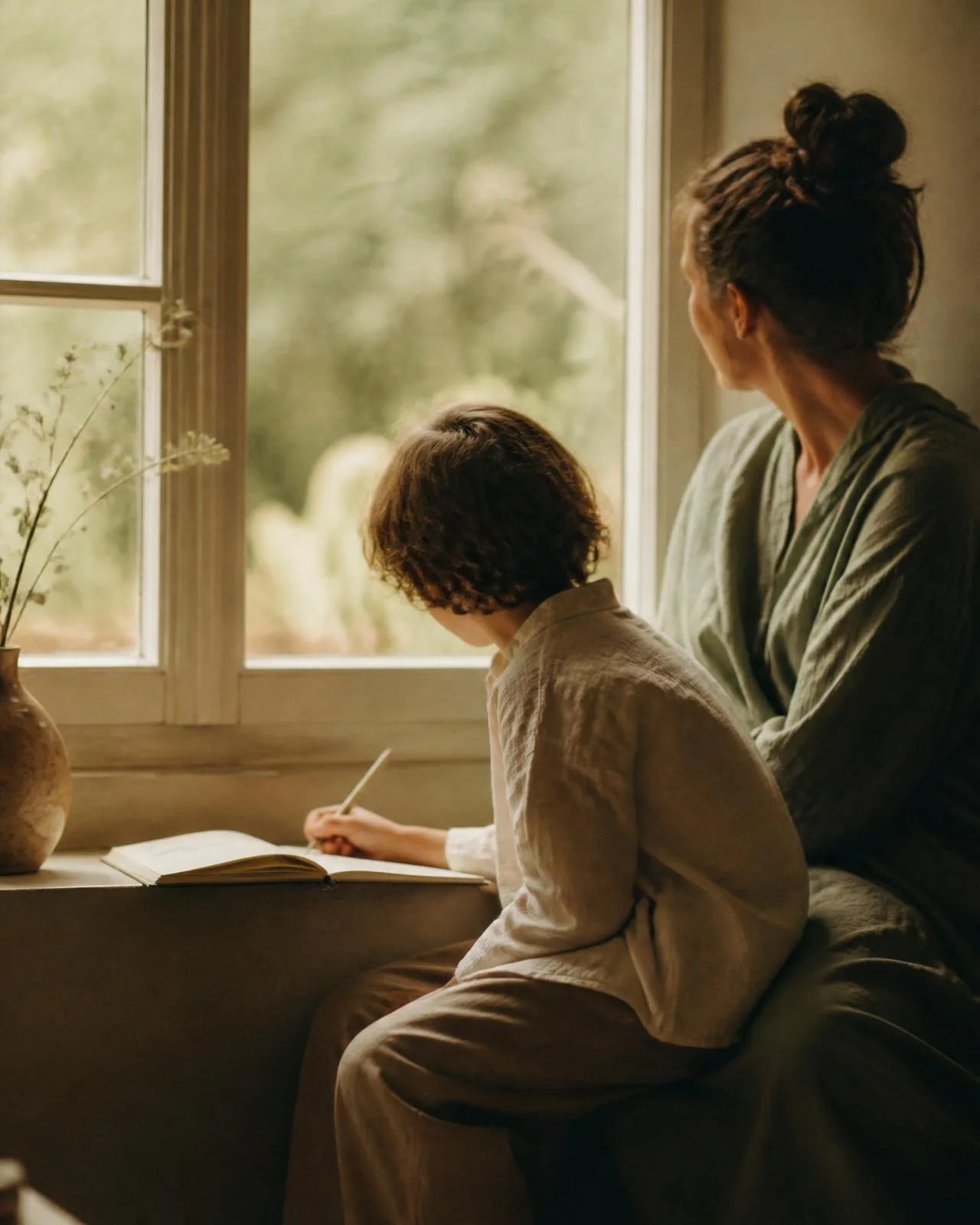 A quiet moment of a caregiver and child by a sunlit window with a notebook.